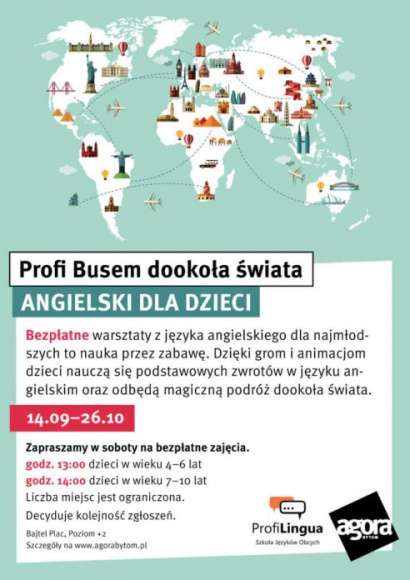 Profi Busem dookoła świata. Darmowe lekcje języka angielskiego Dziecko, LIFESTYLE - W siedem tygodni dookoła świata? Dzięki Szkole Języków Obcych Profi-Lingua w Agorze Bytom to możliwe! Już 14 września w Bytomiu ruszają bezpłatne warsztaty z języka angielskiego dla najmłodszych.
