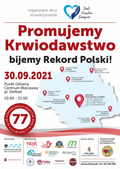 Promuję Krwiodawstwo ? biję Rekord Polski! Zdrowie, LIFESTYLE - 30 września 2021 roku odbędzie się Rekord Polski w kategorii Najwięcej krwi oddanej w ciągu 24 godzin (wiele lokalizacji). W 12 miejscach w województwie mazowieckim będzie można oddać krew, jednocześnie dołączając do wydarzenia bicia Rekordu Polski.